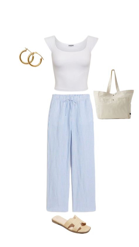 blue linen pants, white shirt, tote bag, hoop earrings Striped Linen Pants Outfit, Blue Linen Pants, Linen Pants Outfit, Striped Linen Pants, Striped Linen, Striped Pants, Linen Pants, Pants Outfit, Blue Stripes