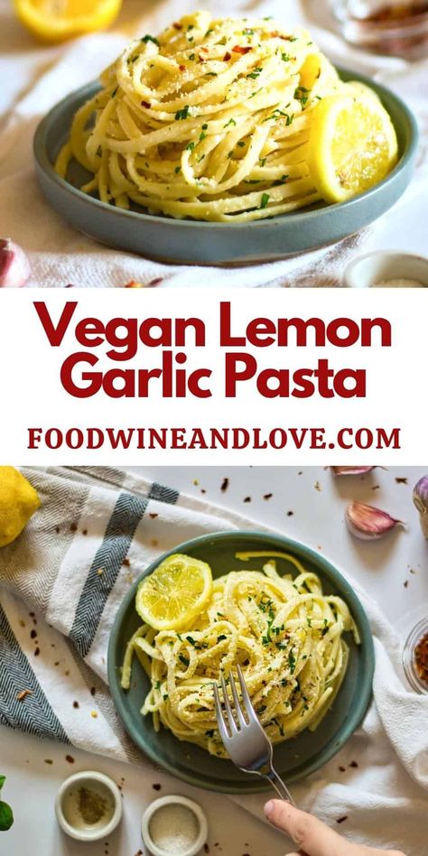 Vegan Lemon Garlic Pasta, delicious creamy one pan version of Pasta al Limone made with Linguine and fresh lemons. Vegan Lemon Garlic Pasta, Pasta With Lemon Sauce, Vegan Veggie Burger, Lemon Pasta Recipes, Garlic Pasta Sauce, Lemon Garlic Pasta, Linguine Recipes, Veggie Burgers Recipe, Garlic Pasta