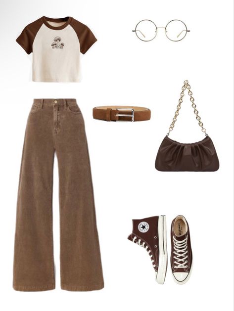 Fits With Brown Shoes, Coffee Core Aesthetic Outfits, Different Aesthetics Outfits For School, Outfits To Wear With Brown Converse, Outfit With Brown Converse, Brown Converse Aesthetic Outfit, Brown Fall Outfits For Women, Brown High Top Converse Outfit, Converse Style Outfit