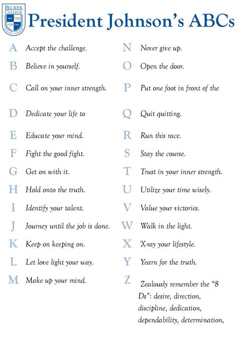 Here is a handy list of all of President Johnson's ABCs so that you can keep them in mind during your time and Becker and in your career.  We would love to know what these things mean to you, please share with us in the comments! Abc Photo, Pay Bills, Go For It Quotes, Inner Strength, Believe In You, Wise Words, Matrix, Photo Book, Back To School