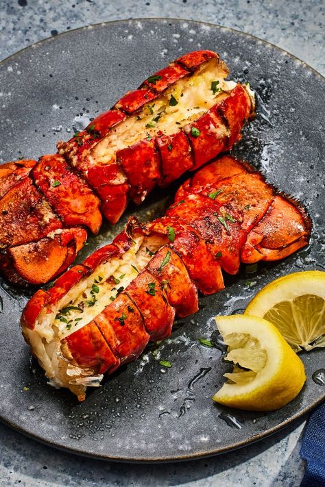 Air Fryer Lobster Tails with Lemon-Garlic Butter Lobster Air Fryer, Air Fryer Lobster Tail Recipe, Air Fryer Lobster Tails, Air Fryer Lobster, Busy Night Dinner, Fried Lobster Tail, Fried Lobster, Grilled Lobster Tail, Lemon Garlic Butter Sauce