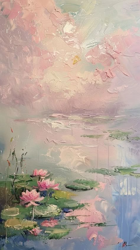 Pretty Landscapes Painting, Pink Monet Painting, Monet Styled Paintings, Monet's Water Lilies, Lotus Wallpaper Backgrounds, Monet Water Lilies Wallpaper, Girly Painting Ideas, Painting Phone Wallpaper, Monet Inspired Art