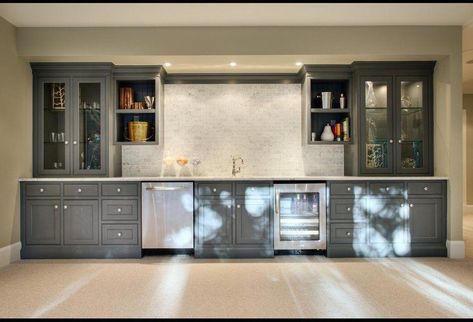 Bar With Full Size Fridge, Concrete Basement Walls, Basement Kitchenette, Basement Bar Designs, Basement Inspiration, Basement Floor, Diy Basement, Basement Kitchen, Basement Apartment