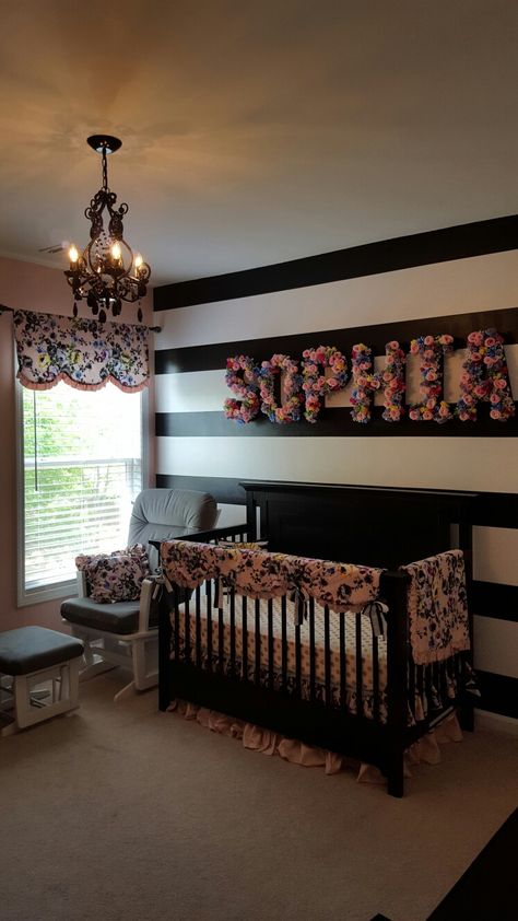 Baby girl nursery. Diy floral letters. Black and white striped wall. Black And White Striped Wall, Girl Nursery Diy, Rooms Decoration, Girl Nursery Room, Baby Sleep Problems, Nursery Baby Room, Baby Girl Nursery, Dear Future, Baby Bedroom