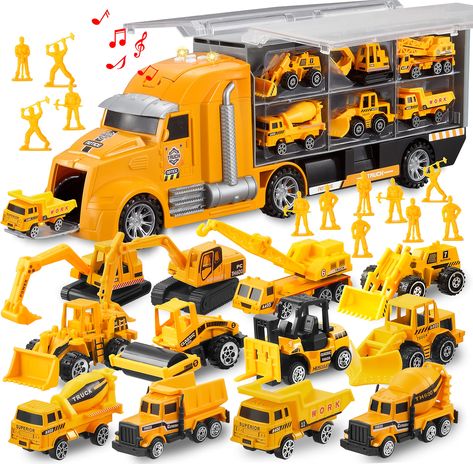 PRICES MAY VARY. SUPER VALUE. 12 mini construction truck toy set in different designs and functions in one carrier truck. Including forklifts, wheel loader, dump truck, bulldozer, excavator, mixer, backhoe, road roller, and so on. There are also 12 engineering workers in it. IDEAL For Kids Playing Construction Truck Games. Perfect size for toddlers. Great hand-eye coordination and early preschool education development. Perfect as birthday party favors, cake toppers, car seat toys. REALISTIC SOUN Car Toy, Kids Birthday Gifts, Kids Birthday, Birthday Gifts, Vehicles, Toys, Design