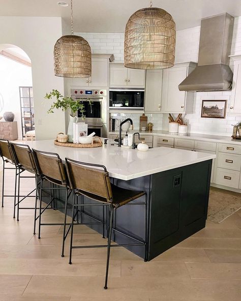 Jaci Daily on Instagram: “After posting our new kitchen lights from @foundbydomesticbliss I had a lot of questions regarding our cabinet paint colors and hardware.…” Jaci Daily, Kitchen Niche, Farmhouse Kitchen Wall Decor, Arched Doorway, Vaulted Ceiling Kitchen, Earthy Decor, Cabinet Paint Colors, Brass Pendants, Island Decor