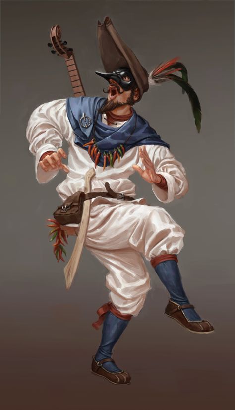 Zanni is a character type from the Commedia dell'Arte. He's the archetype of the servant, in this case, the smart and trickster kind. Dragonlance Characters, Bard Lute, Rpg Wallpaper, Dnd Bard, The Servant, Heroic Fantasy, Male Character, Dungeons And Dragons Characters, Dnd Art