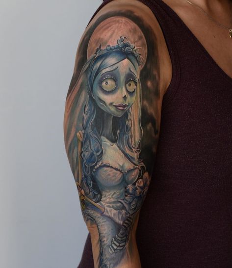 Maciej_Tattoo Artist_Trondheim on Instagram: “Im supper happy about end result it this work, which i finished yesterday. Two sessions. Bottom part is mostly healed. Fresh was face, moon…” Emily Bride Corpse, Corpse Tattoo, Bride Corpse, Corpse Bride Tattoo, Bride Tattoo, Brides With Tattoos, Trondheim, Corpse Bride, Tattoo Artist