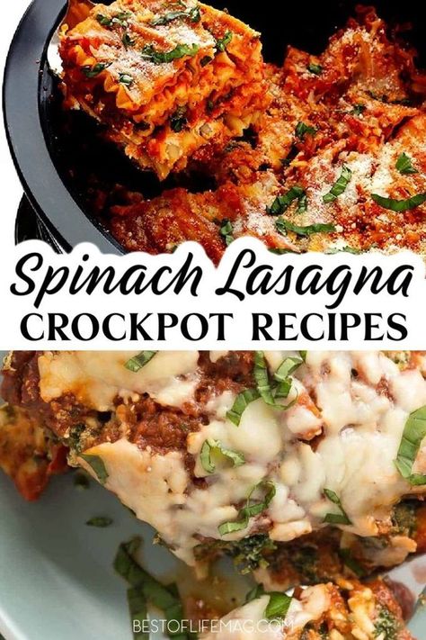 Adding vegetables to lasagna recipes adds a refreshing twist on a classic recipe. Crockpot lasagna recipes with spinach are easy to make and the spinach adds great flavor! Healthy Crockpot Lasagna | Vegetarian Crockpot Lasagna | Ravioli Crockpot Lasagna | Slow Cooker Crockpot Lasagna | Crockpot Pasta Recipes | Slow Cooker Italian Recipes | Easy Dinner Recipes #crockpot #recipes Beef Spinach Recipe, Lasagna Slow Cooker, Super Easy Lasagna, Lasagna Crockpot, Recipes With Spinach, Lasagna Ravioli, Crockpot Chicken Tacos Recipes, Lasagna Recipe Slow Cooker, Lasagna Vegetarian