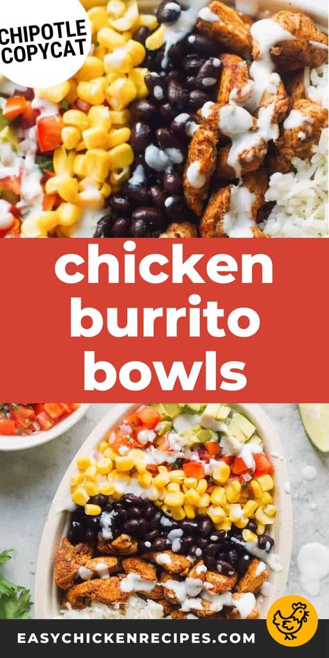 My whole family loves eating these flavor-packed burrito bowls filled with seasoned chicken breast, rice, and tons of other tasty ingredients. Inspired by the ever-popular Chipotle bowls, I found that making this copycat chicken burrito bowl recipe at home is just as easy, and even more delicious! It takes less than 30 minutes to throw them together, it's totally customizable, and it's great for meal prep or easy lunches. Quick Burrito Bowl, Healthy Chicken Burrito Bowl Meal Prep, Salsa Chicken Meal Prep Bowls, Mex Bowl Recipes, Spanish Rice Chicken Bowl, Chicken Burrito Protein Bowl, One Pan Chicken Burrito Bowl, Simple Burrito Bowl, Chicken Rice Bowls Recipes