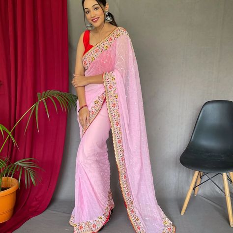 FRESH ARRIVAL❣️ *CATALOG: SEQUECE 4*JAY PURE GEORGATE SAREE WITH ALL OVER 5MTR SEQUENCE WORK WITH BEAUTIFUL BORDER AND CONTRAST BANGLORI SILK BLOUSE WITH ALL.OVER BUTTIS *PRICE :- 950/-* Pink Saree Contrast Blouse, Saree Contrast Blouse, Baby Pink Saree, Saree For Wedding Function, Sequin Saree, Pure Georgette Sarees, Light Pink Blouses, Sequence Work, Trendy Sarees