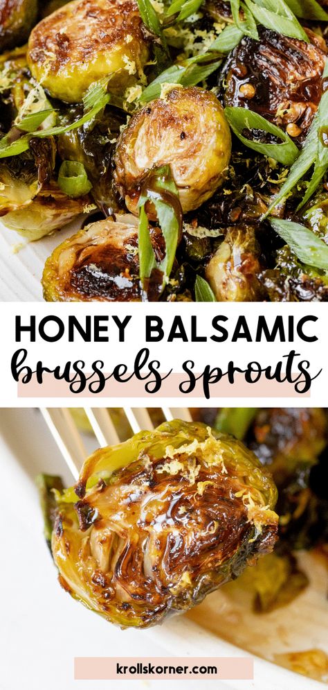 These Honey Balsamic Brussels Sprouts have the perfect golden caramelization, are both tender and crisp and served with an amazing honey balsamic sauce! These Brussels are so good you're going to be eating them right off the tray! Brussel Sprouts Recipes Easy, Glazed Brussels Sprouts, Balsamic Brussels Sprouts, Aip Protocol, Balsamic Brussel Sprouts, Brussel Sprout Recipes Roasted, Sprouts Recipe, Honey Balsamic, Roasted Vegetable Recipes