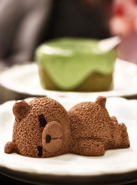 Cafe in Paris, France Chocolate bear mousse with a matcha lava cake in the background Candy Reference, Cafe In Paris, Bakery London, Bear Drink, Sleepy Bear, Cake Cafe, Themed Cafes, Mousse Dessert, Lava Cake