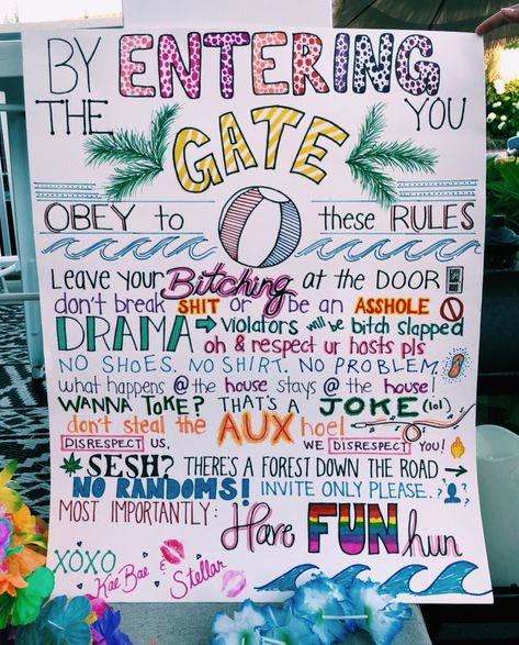 Party Rules Sign, Party Rules Poster Funny, 18th Party Games, 21st Pool Party Ideas, Oreo Activities, Bachelorette Rules, Party Rules Poster, Rager Party, House Party Rules