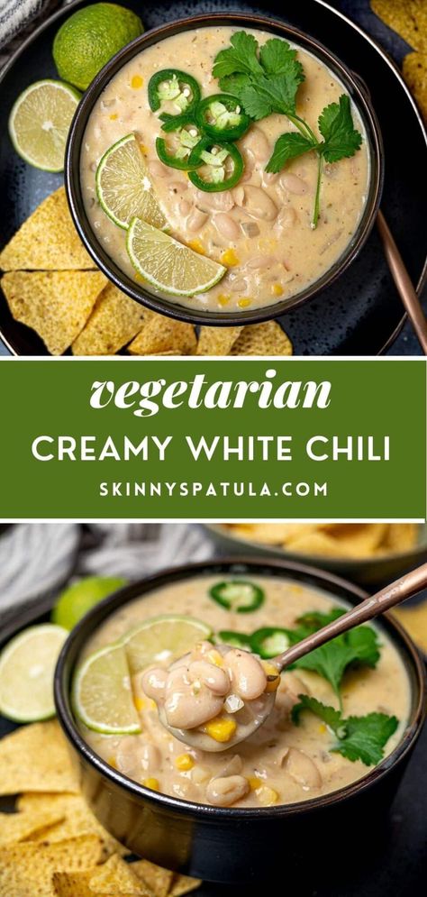 Vegetarian Chicken Chili, Mexican White Bean Chili, Meatless White Chili, Creamy White Bean Chili, Vegetarian White Bean Chili Recipe, Vegetarian White Enchiladas, Slow Cooker Vegetarian White Chili, White Chili Vegetarian Crock Pot, White Bean Enchilada Soup