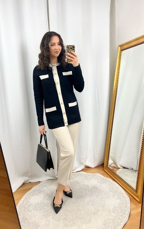 Classy Outfits - Black Chanel Cardigan with Beige Trim Outfit with Light Beige Pants Outfit With Beige Pants, Chanel Cardigan Outfit, Black Cape Outfit, Old Money Cardigan, Black Old Money, Camel Pants Outfit, Elegant Capsule Wardrobe, Black Cardigan Outfit, Chanel Cardigan