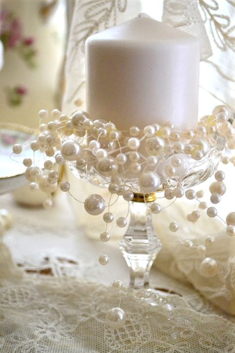 White Candle with Pearl Decor Festive Candle, Pearl Bridal Shower, 30th Anniversary Parties, Pearl Centerpiece, Pearl Anniversary, Pearl Party, 30th Wedding Anniversary, Candle Candle, Pearl Decorations