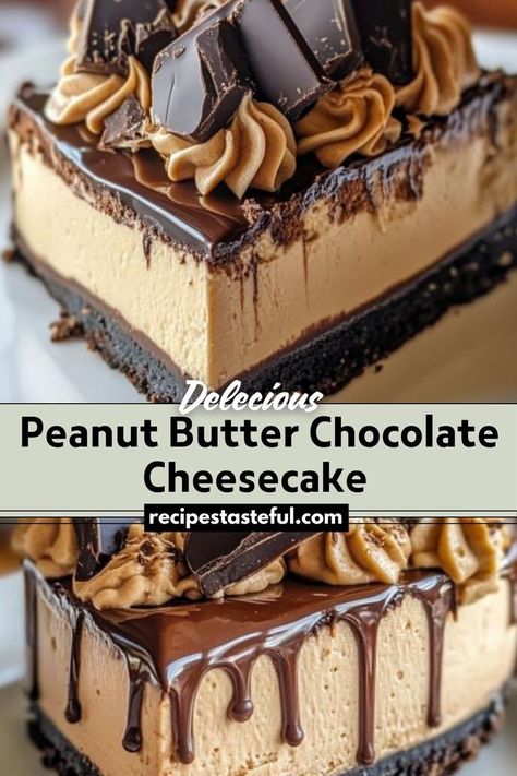 A decadent dessert combining rich peanut butter and chocolate flavors with a creamy cheesecake texture, perfect for satisfying your sweet tooth. Peanut Butter Chocolate Cheesecake, Cheesecake Delight, Homemade Chocolate Peanut Butter, Chocolate Peanut Butter Cheesecake, Peanut Butter And Chocolate, Peanut Butter Cheesecake, Peanut Butter Chocolate, Creamy Cheesecake, Decadent Chocolate