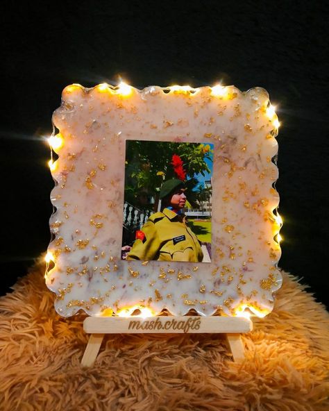 Resin Photo Frame With Fairy light and wooden stand Resin Art Photo Frame With Light, Resin Photo Frame With Light, Resin Photo Frame Ideas, Fairy Lights Photos, Resin Photo Frame, Resin Photo, Bf Gifts, Fashion Sketches Dresses, Sketches Dresses