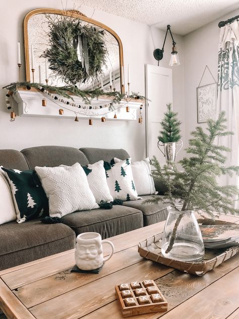 Dark Couch Christmas Decor, Gray Couch Christmas Pillows, Christmas Decor Grey Couch, Dark Grey Couch Christmas Decor, Threshold Christmas Decor, Christmas Decor Above Couch, Couch Table Christmas Decor, Gray Couch Christmas Decor, White And Green Christmas Aesthetic