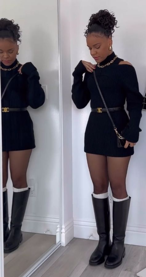 Winter Dresses Black Women, Skirt With Heels, Black Leather Boot Outfit, Black Dress And Loafers Outfit, Winter Outfits Black Skirt, Boot And Skirt Outfits, Skirt Boots Outfit Winter, Autumn Church Outfits, Black Mini Skirt Fall Outfit