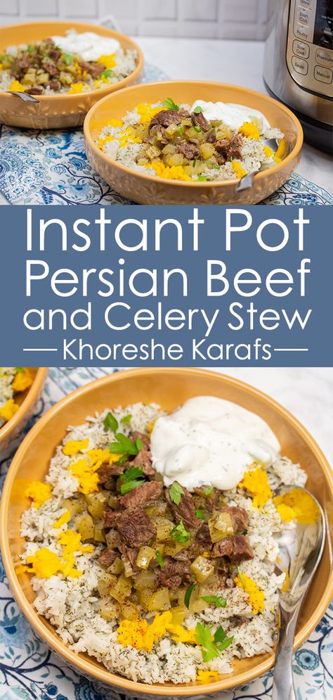 Who knew that stretching just 1 pound of beef stew meat with celery could be SO delicious? This comforting, aromatic Instant Pot Persian Beef and Celery Stew (Khoreshe Karafs) is a warm, comforting recipe that you would never know was made on a budget. #InstantPotRecipes #Persian #beefstew #budgetfriendly #Persianrecipes Persian Beef, Celery Stew, Instant Pot Soup Recipes, Beef Stew Meat, Best Instant Pot Recipe, Instant Pot Soup, Stew Meat, Soup Dinner, Easy Instant Pot Recipes