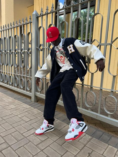 katito is wearing his baddest outfit💥💥🔥💯📌 Red Air Jordans Outfit Men, Jordan 4 Retro Red Cement Outfit, Red Cement 4s Outfit Men, Fire Red Jordan 4 Outfit, Jordan 4 Red Outfit, Motorsport 4s Outfit, Jordan 4 Fire Red Outfit Men, Air Jordan 4 Fire Red Outfit, Jordan 4 Red Cement Outfit