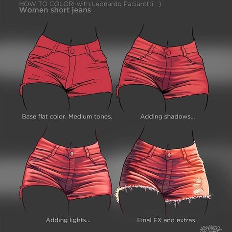 @sugoiacademy: “Shorts tutorial with @leoarts 💥💥💥 I personally don't like drawing clothes 😅” Drawing Of Anime, Study Women, Fabric Study, Lighting Study, Jeans Tutorial, Jeans Drawing, Shorts Drawing, Anime Shorts, Painted Shorts