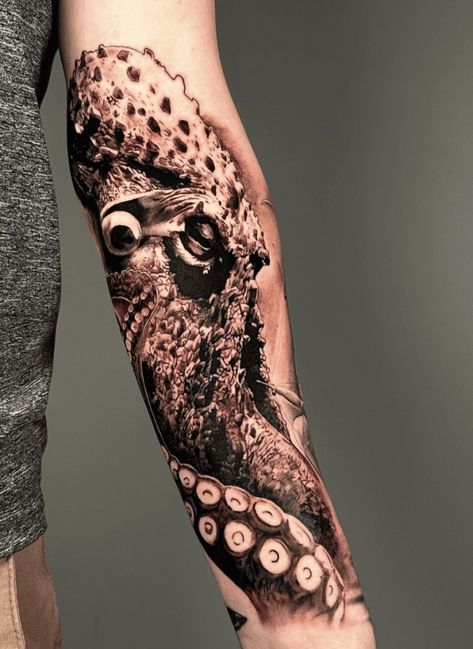 105+ Kraken Tattoo Ideas To Bring This Sea Monster To Life Kraken Tattoo Women, The Kraken Tattoo, Tattoo Women Arm, Pirate Ship Tattoos, Octopus Tattoo Sleeve, Kraken Tattoo, Meaning Art, Simple Complex, Octopus Tattoo Design