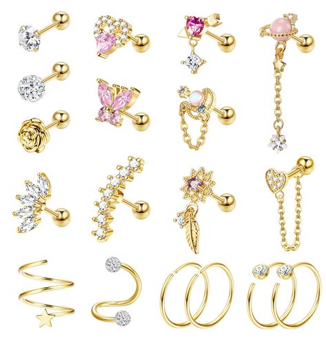 PRICES MAY VARY. 💕FASHION STUD EARRING SET:One Order You can Get 18 PCS Cartilage Earrings, Including: 12 Pcs Cartilage Earrings Studs+4 Pcs Cartilage Earrings Hoop+2 Pcs S-Shape Ear Cuff/ Wrap Earrings, Fashion Style Makes It Stands out Among all Other Cartilage Earrings, So Dainty and Adorable. Deserved to Buy. 💕HIGN QUALITY MATERIAL: These Cartilage Earrings are Made of 316L Surgical Steel with CZ, Will not Get Skin Allergy, Healthy and Rust-resistant, Nickel-free and Lead-free, Suitable fo Cartlidge Earrings, Helix Piercing Jewelry, Heart Leaf, Cartilage Earrings Stud, Mens Earrings Hoop, Cartilage Earrings Hoop, Flat Back Earrings, Tragus Earrings, Cartilage Earring