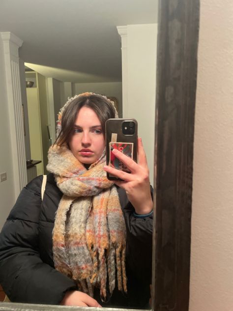 puffer jacket, colorful scarf, balaclava, winter fashion, selfie, mirror selfie, fashion inspiration Scarf With Puffer Jacket, Scarf And Puffer Jacket, Scarf As A Balaclava, 2023 Winter Jacket Trends, Winter Scarf Balaclava, Scarf As Balaclava, Balaclava Scarf Aesthetic, Winter Fits Scarf, Winter Outfits Balaclava