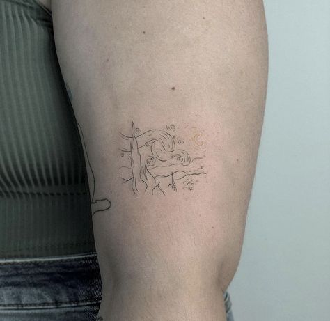 Vincent Van Gogh Tattoo Minimalist, Small Van Gogh Tattoo, Monet Inspired Tattoo, Van Gogh Tattoo Ideas, Minimalist Van Gogh Tattoo, Vincent Van Gogh Tattoo, Monet Tattoo, Van Gogh Tattoos, Starry Night Tattoo