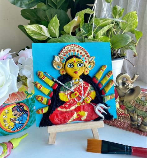 clay mouldit painting of maa durga #madurga #durgapuja #artcreative #clayartist #durga Maa Durga Clay Art, Durga Maa Art, Hindu Motifs, Mouldit Art Ideas, Garba Decoration, Navratri Decoration, Phad Painting, Lord Durga, Clay Painting