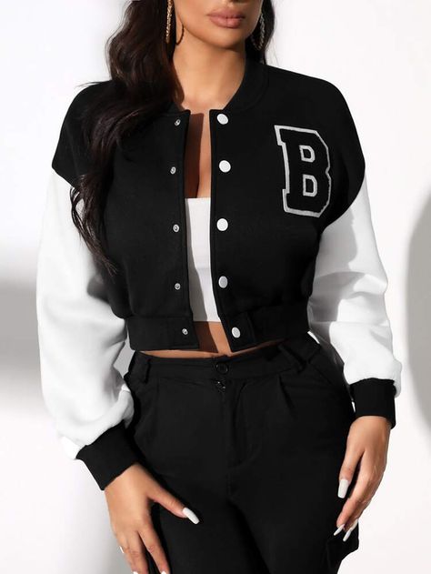 SHEIN SXY Cazadora de universidad con parche de letra de color combinado de hombros caídos | SHEIN USA Moda Shein, Varsity Jacket Outfit, Cropped Black Jacket, Outfit Styling, Easy Trendy Outfits, Casual Vest, Pantalon Large, Cute Everyday Outfits, Bomber Jackets