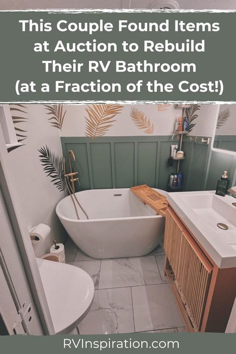 Who says an RV bathroom remodel has to be expensive? RVers Bryan and Bailey decided that there was no need to choose between RV life and a dreamy bathroom. They went to auction and found everything they needed to turn their RV bathroom into an envy-inspiring space. #rvbathroom #rvinspiration #rvremodel Rv Bathtub, Rv Shower Remodel, Camper Bathroom Remodel, Rv Bathroom Remodel, Rv Skirting, Wet Room Bathroom, Camper Bathroom, Bathroom Remodel With Tub, Mobile Home Exteriors