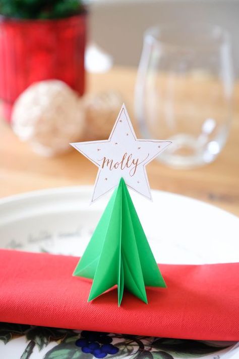 christmas table decorations - Origami Christmas tree place card Place Name Ideas Christmas, Origami Place Cards, Table Place Names Christmas, Origami Table Decorations, Diy Christmas Place Card Holders, Christmas Table Place Cards Easy Diy, Christmas Placecards Ideas, Paper Christmas Table Decorations, Diy Christmas Name Place Cards