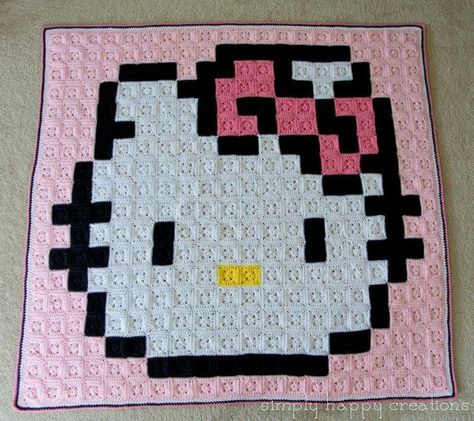 S Crochet Exercise, 8 Bit Crochet, Pixel Art Hello Kitty, Pixel Blanket, Pixel Crochet Blanket, Crochet Hello Kitty, Granny Square Häkelanleitung, Granny Square Haken, Hello Kitty Blanket