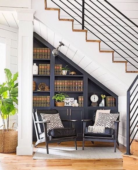 Under Stairs Interior Design, Library Under The Stairs, Use Space Under Stairs, Small Space Under Stairs Ideas, Under Stairs Design, Stairs Aesthetic, Under Stairs Ideas, Stairs Interior, Space Under Stairs