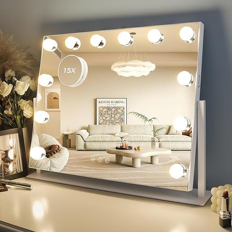 Amazon.com - LuxeVue Vanity Mirror with Lights, Makeup Mirror, Lighted Hollywood Mirror with Dimmable 3 Color Lights, Detachable 10X Spot Mirror, 360° Rotation, Touch Control, Plug-in and USB Charger for Bedroom Cute Vanity Mirror With Lights, Desk With Vanity Mirror, Mirror On Desk, Trending Mirrors, Skincare Mirror, Light Up Vanity Mirror, Vanity Mirror Ideas, Mirror For Vanity, Small Vanity Mirror