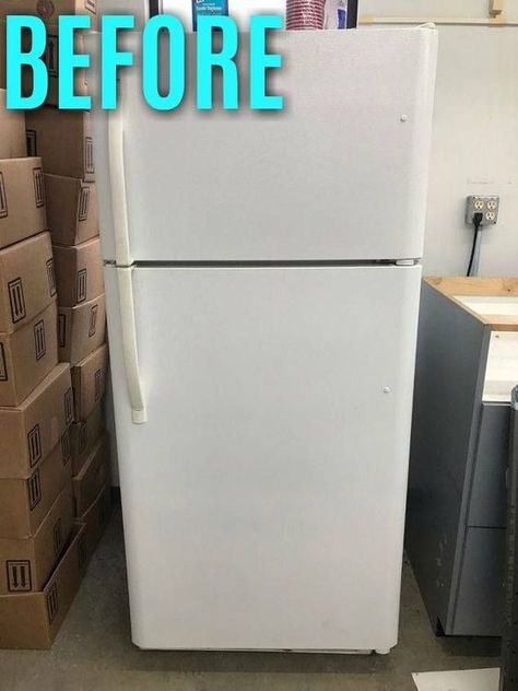 Transform an Old Fridge #diy #upcycle #makeover #refridgerator Reface Refrigerator, Update Old Fridge, White Fridge Black Handles, Update Refrigerator Fridge Makeover, Diy Paint Fridge, Painted Appliances Diy, Vinyl On Fridge, Can You Paint Appliances, White Fridge Decor