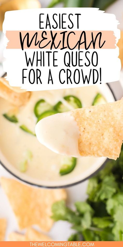 A close up of a chip that's been dipped in white queso. Cheese Dip For A Crowd, Best White Cheese Dip, Cold Queso Dip, Mexican Caso Dip Recipes, Canned Queso Recipe, Queso Dip For A Crowd, Simple Queso Dip, Queso Fresco Recipe Dips, Healthy Mexican Dip