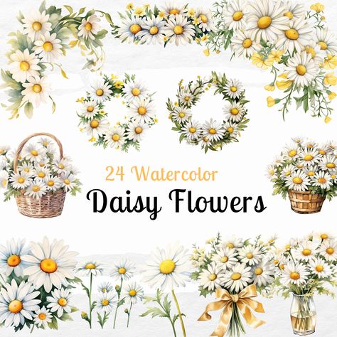 Floral Wreath Illustration, Daisy Clipart, Daisy Watercolor, Wreath Illustration, Flowers Png, Png Floral, Flowers Clipart, Pixel Image, Daisy Flowers