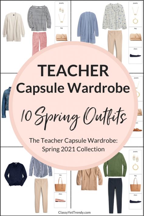 Teacher Capsule Wardrobe Spring 2021 - 100 outfit ideas from just 23 clothes and shoes, so you can wear a different outfit everyday of the season! Includes a tee, shirt, blouse, top, cardigan, sweater blazer, denim jacket, pants, flats, loafers, jewelry and handbag. Cute Trendy Teacher Outfits, Elementary Librarian Outfits, Teacher Capsule Wardrobe Spring, School Outfits Spring, Teacher Capsule Wardrobe, Athleisure Capsule, Preschool Teacher Outfits, Teacher Outfits Elementary, Spring Teacher Outfits