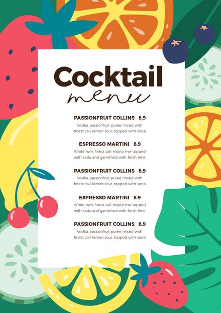 Fruit Menu Design, Summer Drink Menu, Summer Cocktail Menu, Drink Menu Template, Eco Logo Design, Drink Menu Design, Juice Menu, Menu Maker, Menu Design Inspiration