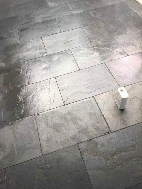 Painting Slate Tiles, Hamptons Tiles, Painting Slate, Wood Pallet Flooring, Black Slate Floor, Before And After Painting, Black Slate Tiles, Slate Floors, Pallet Floors