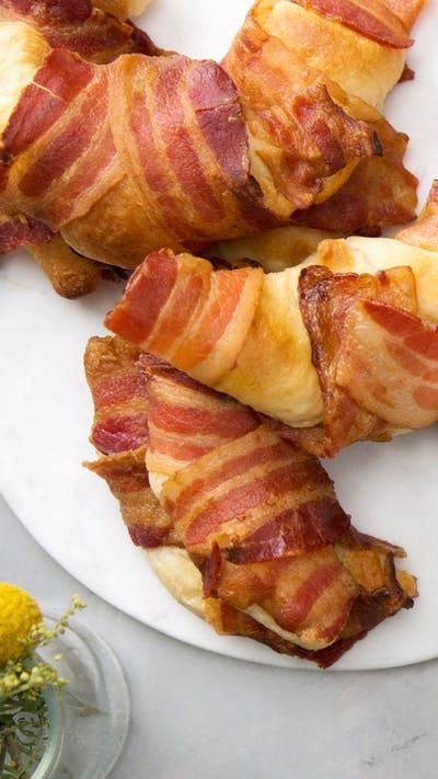 Bacon-Wrapped Breakfast Croissant ~ Recipe | Tastemade Breakfast Casserole With Crescent, Breakfast Casserole With Crescent Rolls, Casserole With Crescent Rolls, Cheesy Scrambled Eggs, Croissant Breakfast Sandwich, Croissant Breakfast, Crescent Roll Recipes, Egg Breakfast, Breakfast Items