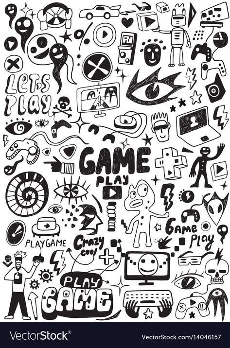 Video Game Graffiti Art, Gaming Doodle Art, Video Games Drawing, Video Game Drawing, Game Doodle, Video Game Symbols, Gaming Elements, Video Game Drawings, Symbols Design