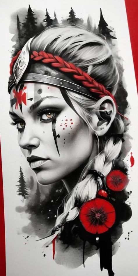 Trash Polka Warrior Tattoo, Viking Princess Tattoo, Trash Polka Tattoo Designs, Female Warrior Tattoo, Native American Drawing, Valkyrie Tattoo, Crazy Tattoos, Animal Tattoo Ideas, Aztec Tattoo Designs