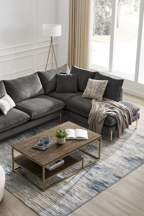 Best Comfortable Sofas With Chaise Lounges 2022 Chaise Sofa Layout, Modern Grey Sofa Living Room, Grey Sofa Inspiration, Chaise Sofa Living Room, Fall Garland Diy, Room Cool Ideas, Room Creative Ideas, Sectional Living Room Layout, Open Space Living Room