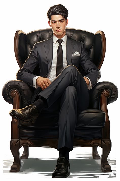 Latest Midjourney Artwork mentored by ThetaCursed, License: CC BY-NC 4.0 Man Sitting Pose Reference Chair, Man Sitting In Chair Pose, Guy Sitting In Chair, Man In Suit Sitting, Man Sitting At Desk, Man Sitting On Chair, Free Cartoon Characters, Sitting Pose Reference, Alucard Mobile Legends